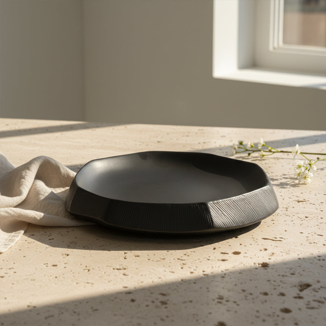 Black Volcanic Large Chizzled Platter CB4364-37-R633 - Plates - ebarza Furniture UAE | Shop Modern Furniture in Abu Dhabi & Dubai - مفروشات ايبازرا في الامارات | تسوق اثاث عصري وديكورات مميزة في دبي وابوظبي