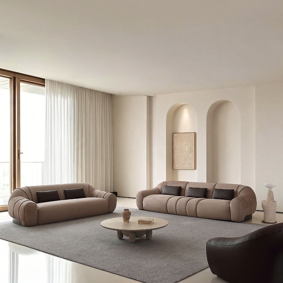 Modern BEACON blob armchair AMCJ-DY6103 with plush fabric and rounded design, perfect for contemporary living rooms.