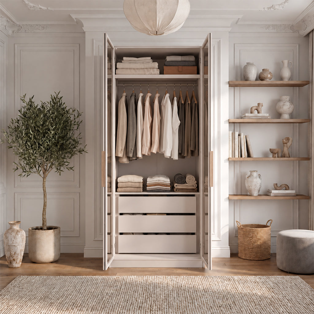 A tall, light beige wardrobe or closet organizer with open doors, shown fully styled with neutral-colored clothing, folded linens, and storage drawers inside. The closet is set in a beautifully decorated room with a potted olive tree, wooden shelves, a woven rug, and a white pendant light.