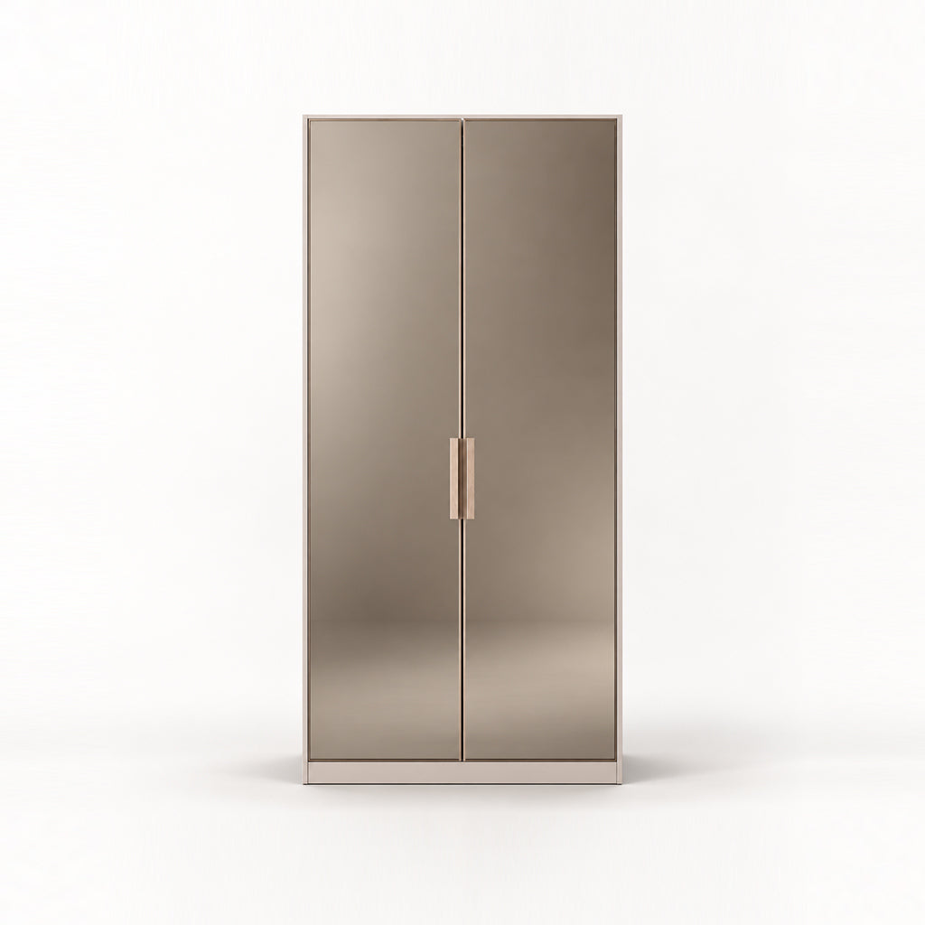 A modern two-door wardrobe or cabinet with a brushed metallic taupe finish and slim vertical handles, shown on a clean white background.