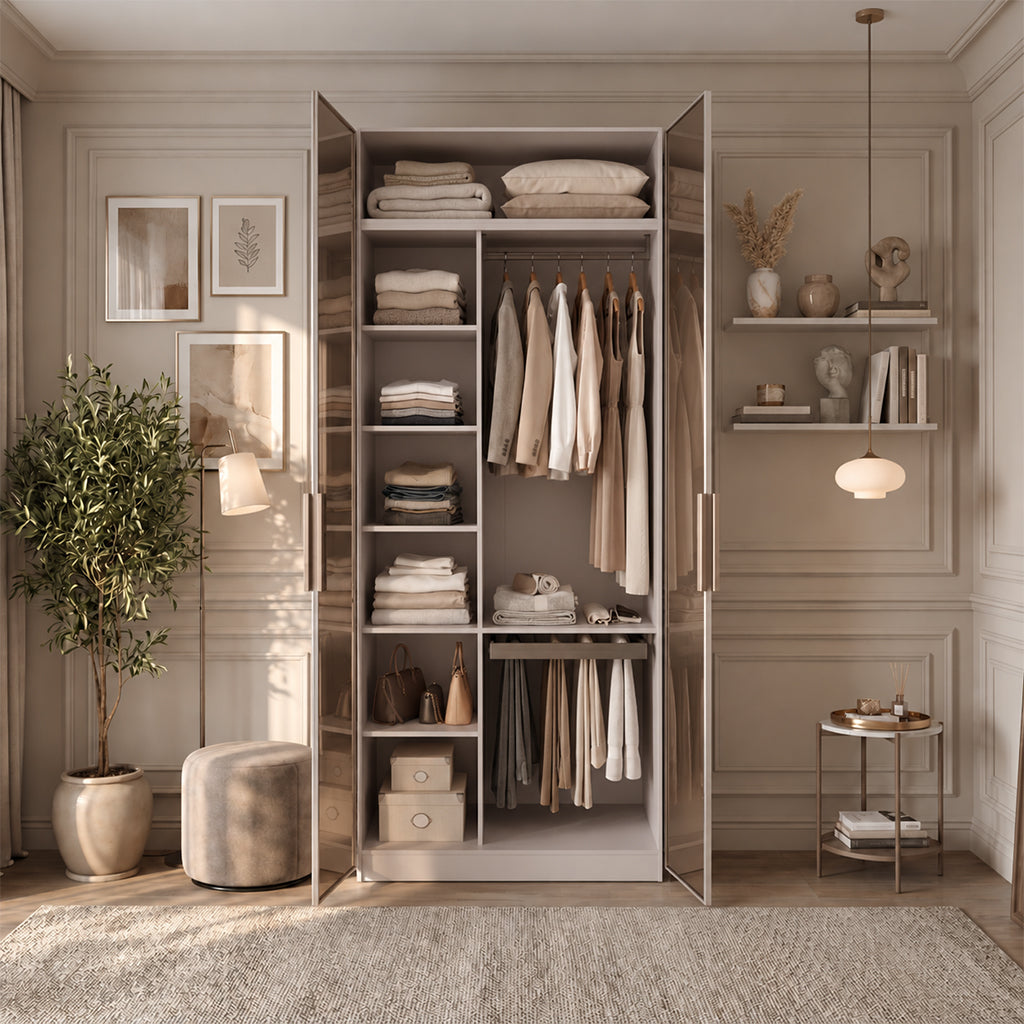 A tall, open walk-in closet organizer with mirrored doors, styled in a warm beige bedroom or dressing area. The closet is neatly organized with folded linens, hanging beige and cream garments, and storage boxes.