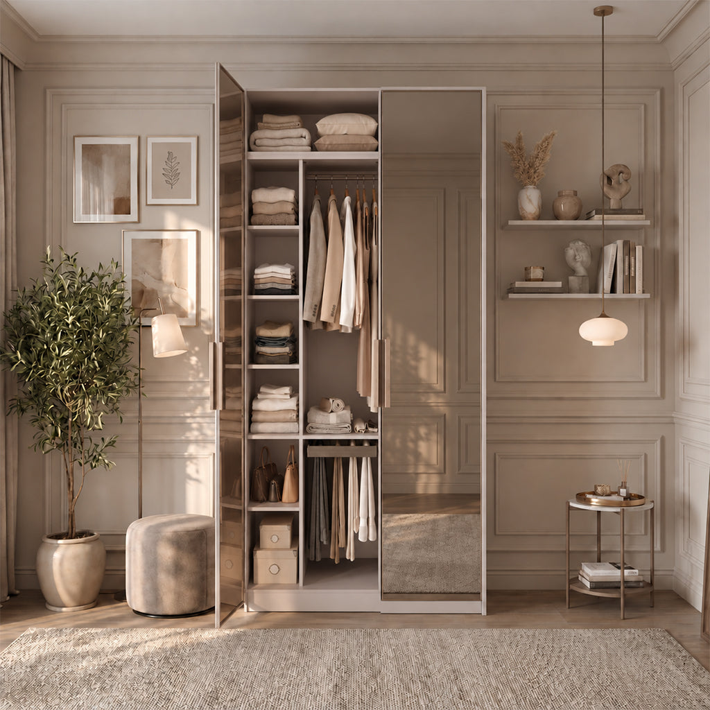 A tall built-in wardrobe with mirrored doors and open shelving, styled with folded bedding, hanging garments, and storage boxes in a warm neutral bedroom or dressing area. The room includes paneled walls, a plant, a small side table, and pendant lights.