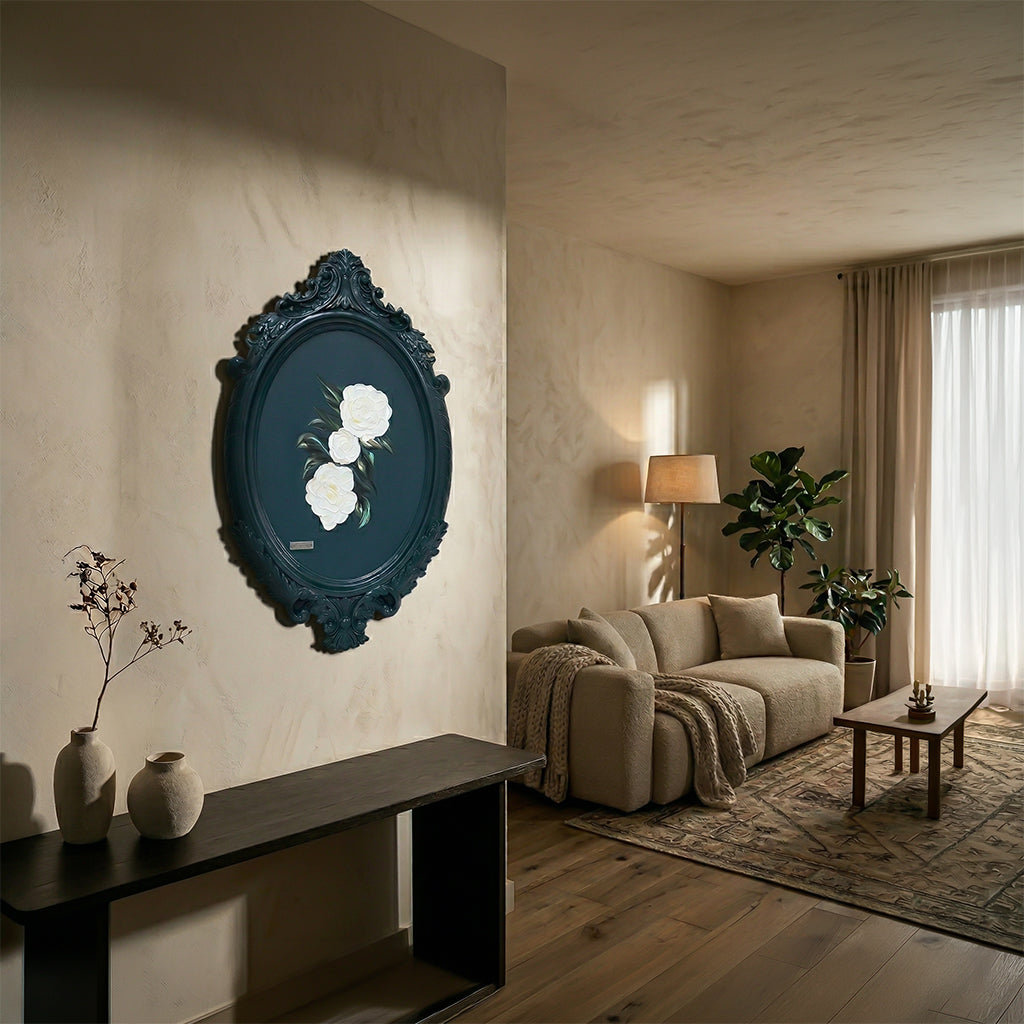 Handmade wall painting featuring a cartouche design, 48x74cm, by BEACON (TYDG), vibrant and detailed artwork for interior decor.