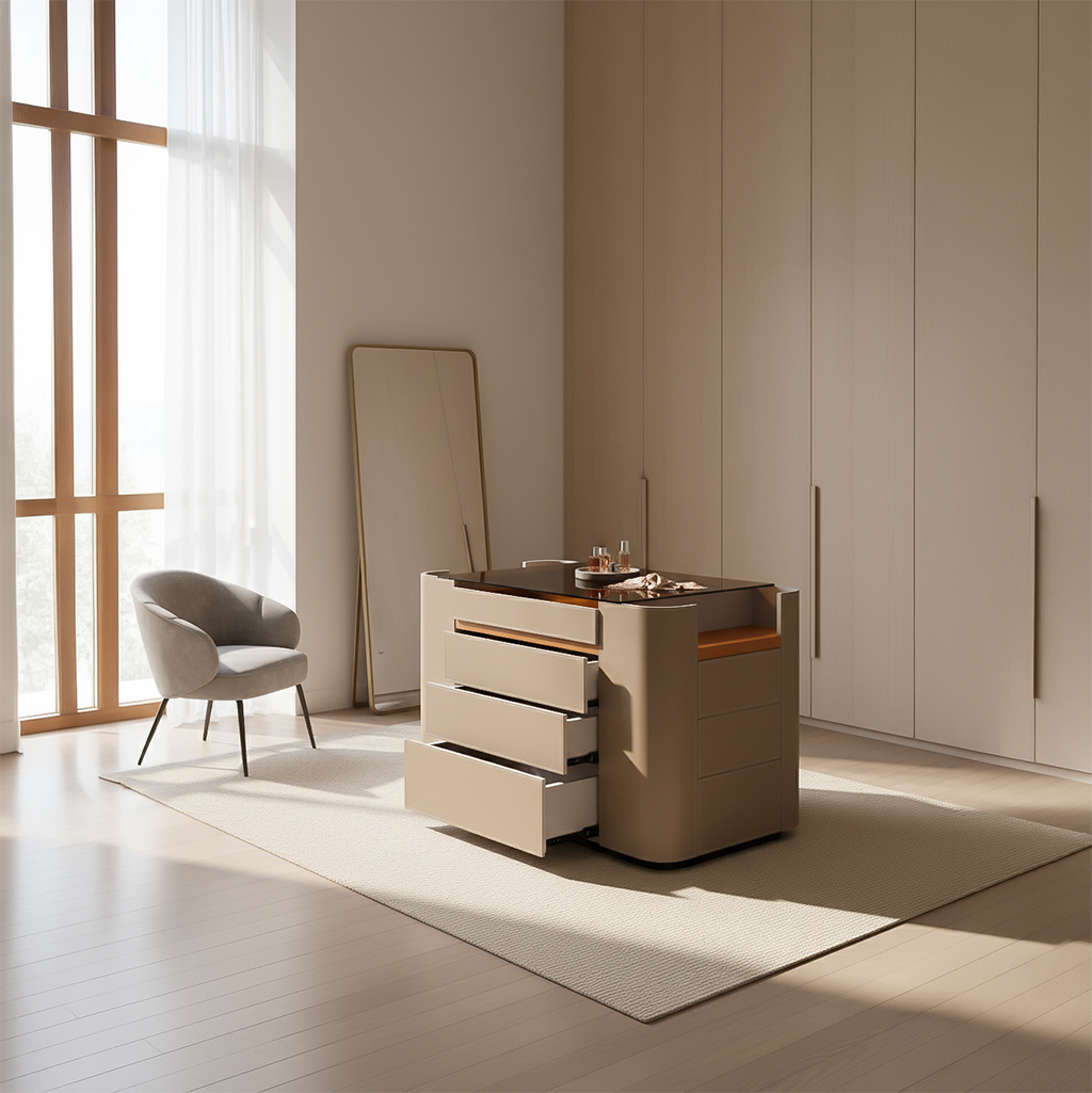 BEACON BLYDG center island dresser model BNY-802 with sleek wood finish and modern design, shown in a well-lit room setting.