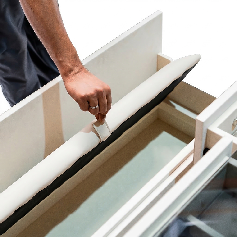 Valmont center island dresser with matching bench from Beacon, featuring a modern cabinet design and ample storage space.