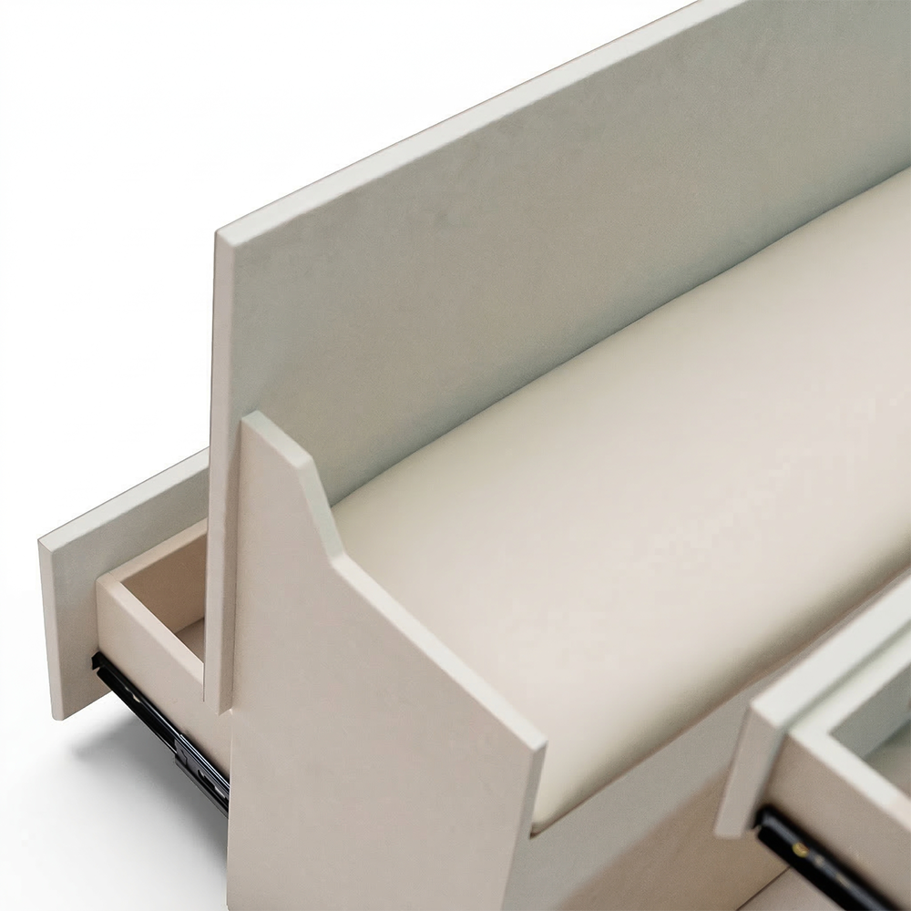 Valmont center island dresser with bench by BEACON, featuring sleek cabinet design and sturdy seating in a modern kitchen setting.