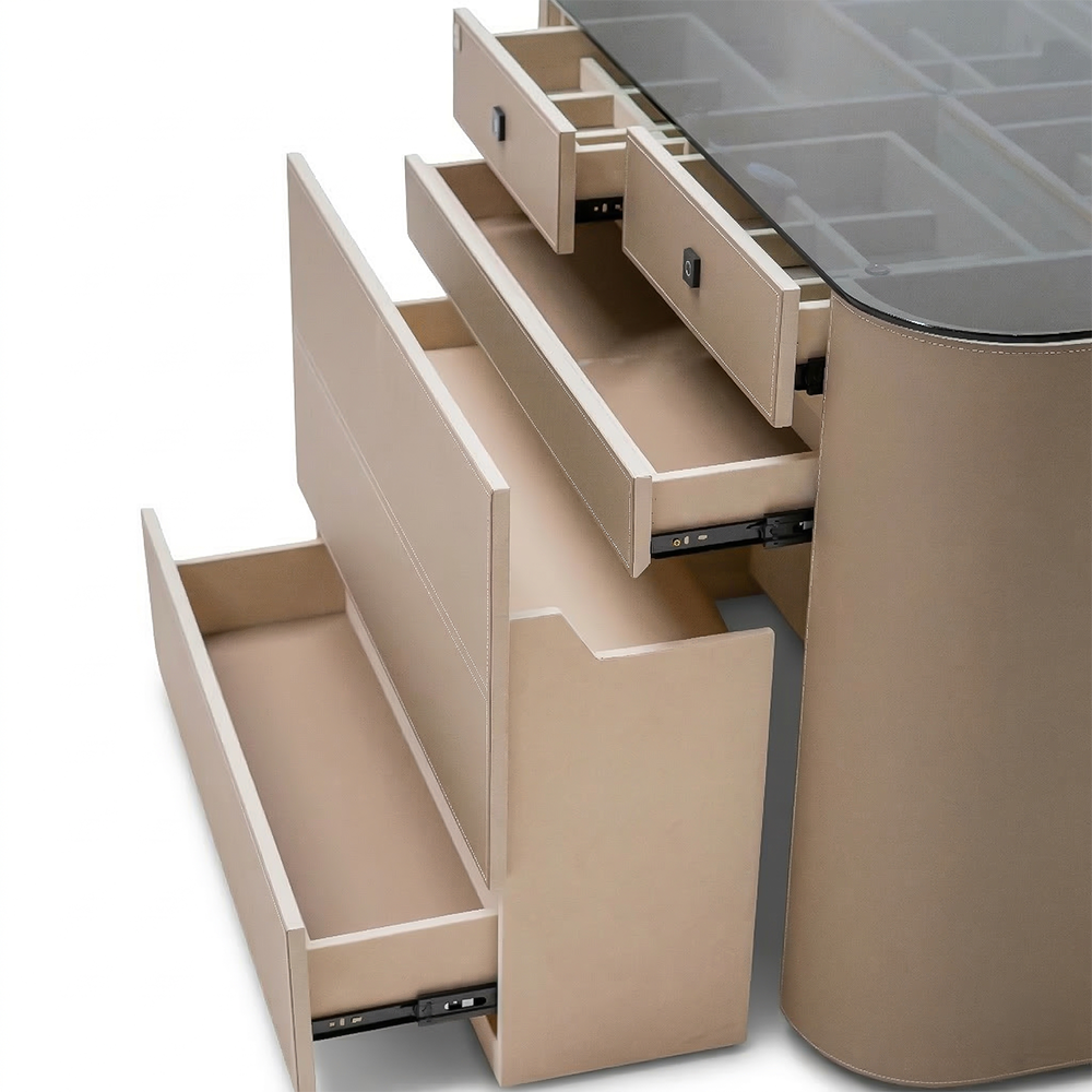 Valmont Center Island Dresser with Bench from BEACON, showcasing sleek wood cabinets and a comfortable matching bench.