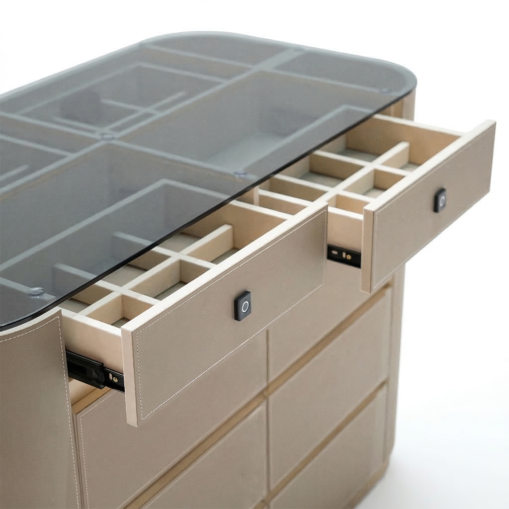 Valmont center island dresser with matching bench by BEACON, featuring modern cabinet design and ample storage space.