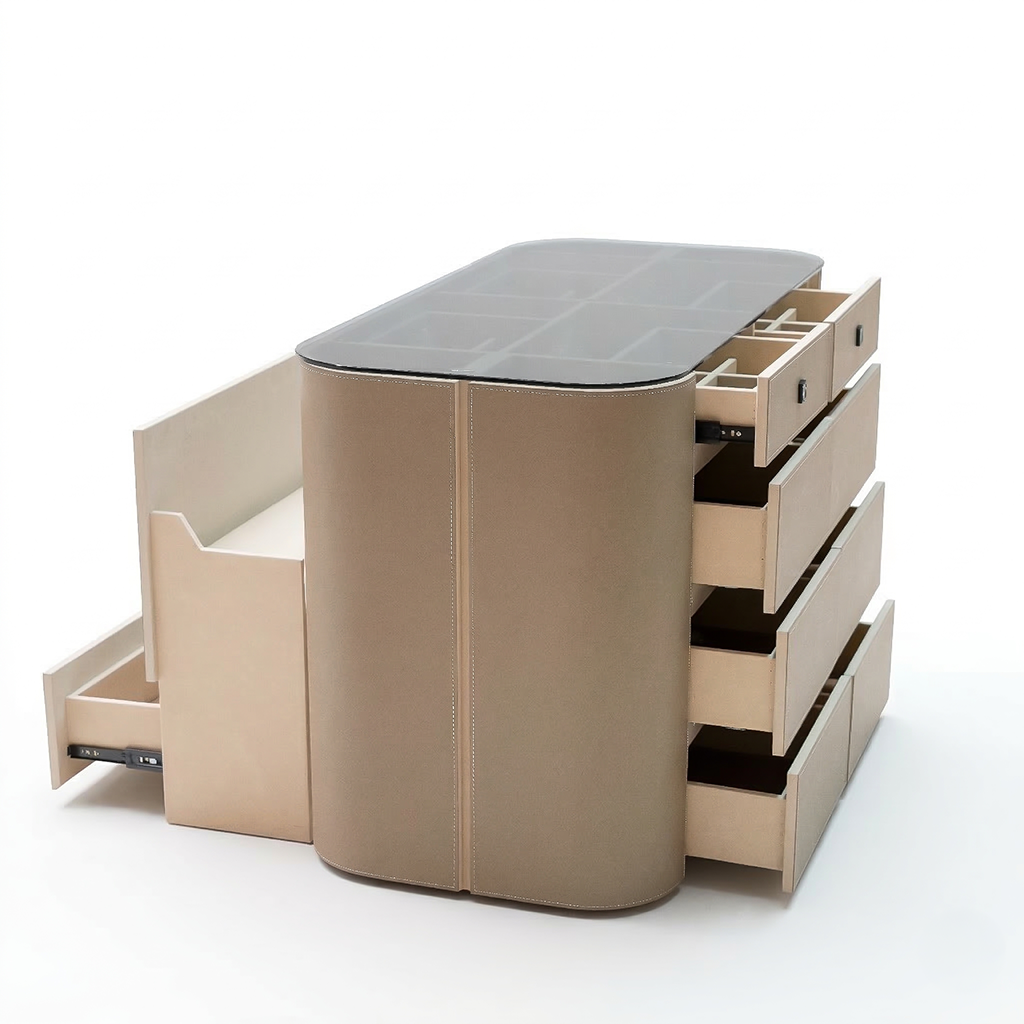 Valmont center island dresser with matching bench by BEACON, featuring sleek wood cabinets and seating in a modern design