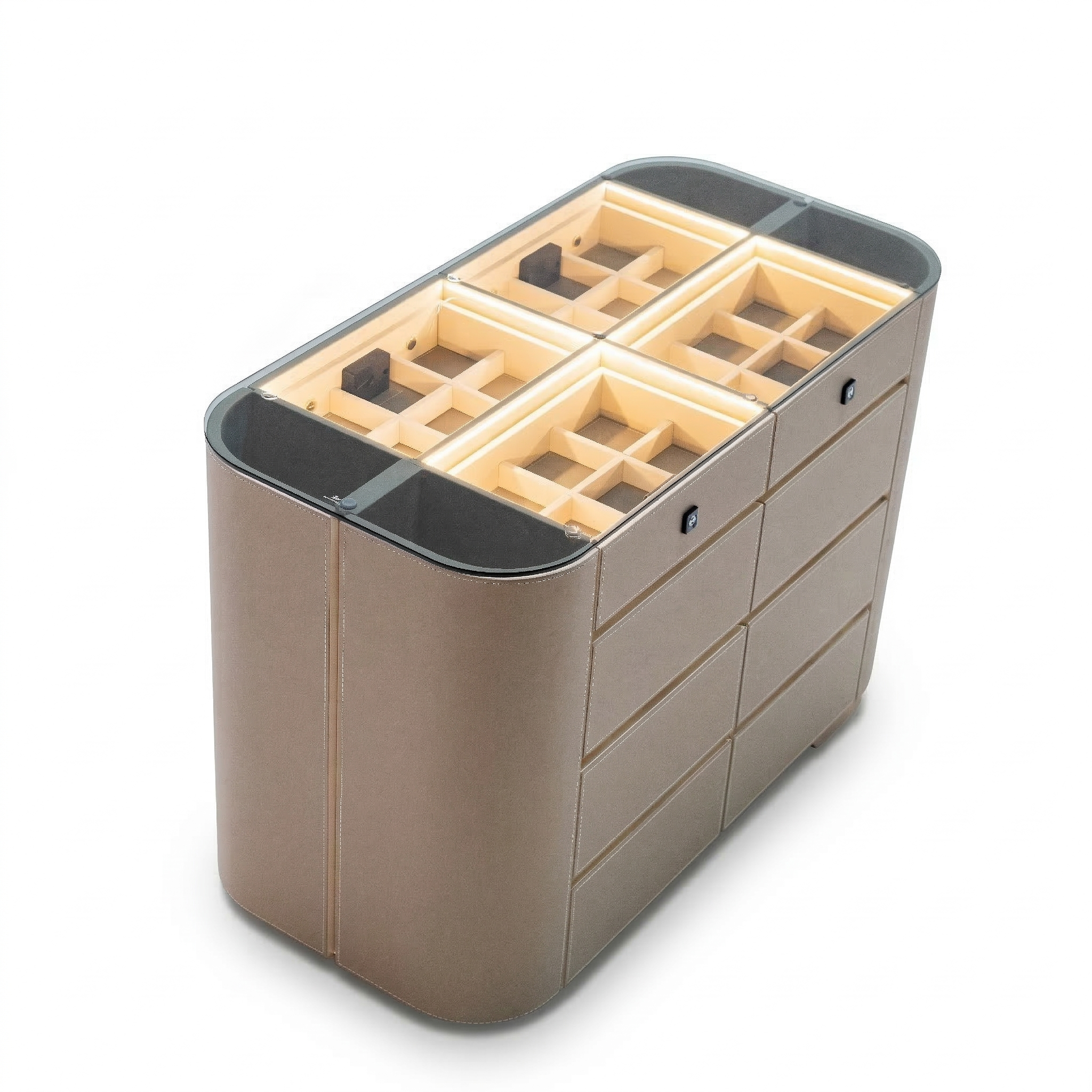 Valmont center island dresser with built-in bench, beige cabinets with wood accents, modern design for kitchen or living space.