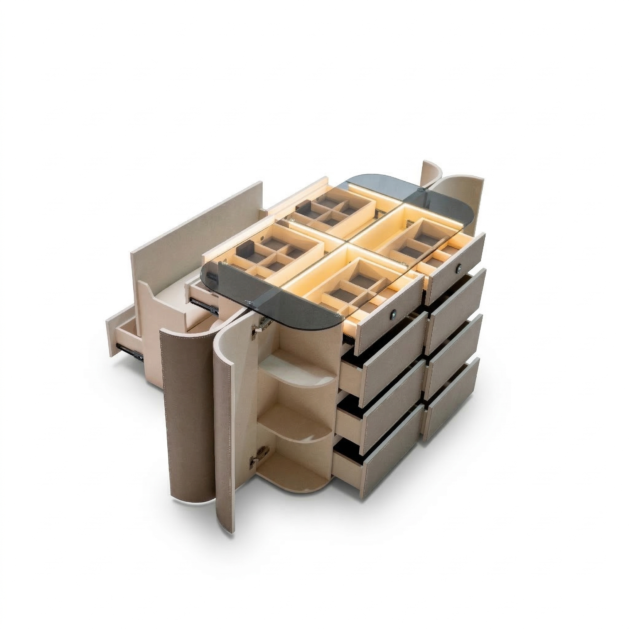 Valmont Center Island Dresser with Bench by BEACON, featuring sleek cabinets and a built-in seating bench in a modern kitchen setup.