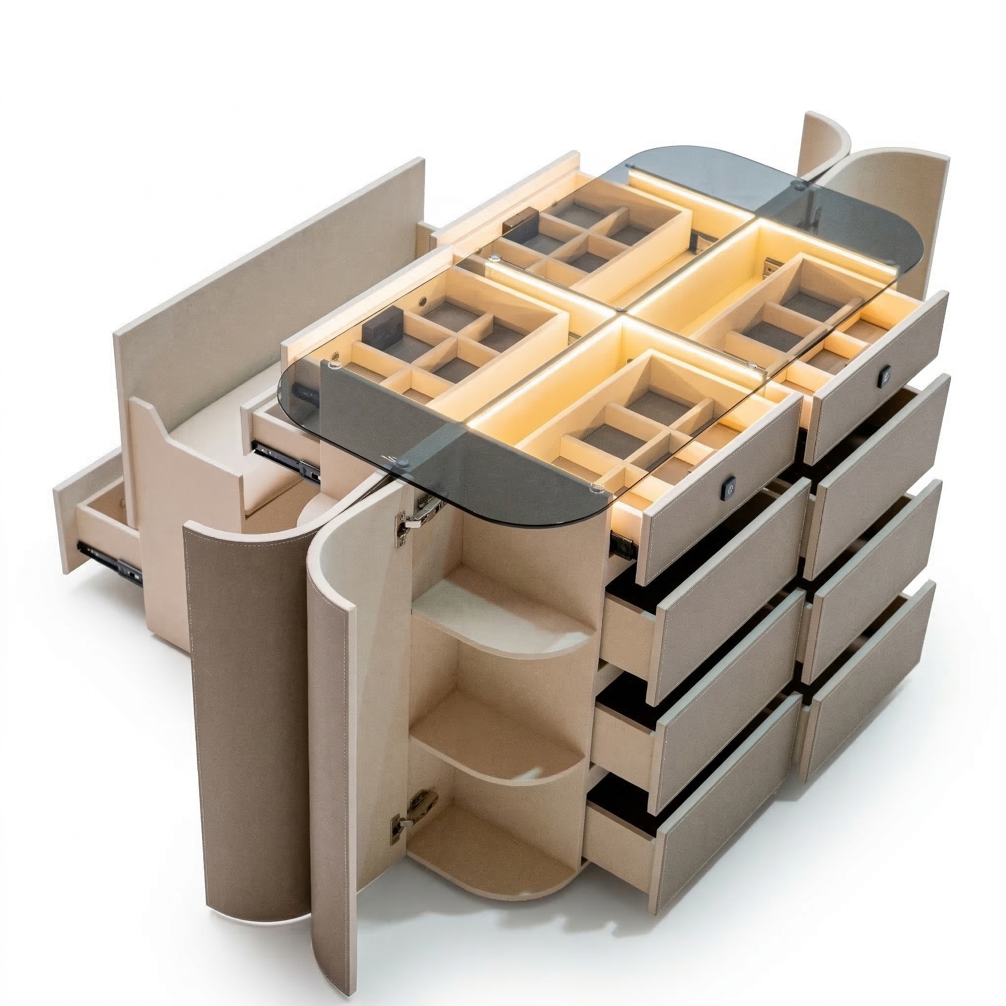 Valmont Center Island Dresser with Bench by Beacon, featuring sleek cabinet design and comfortable bench seating.