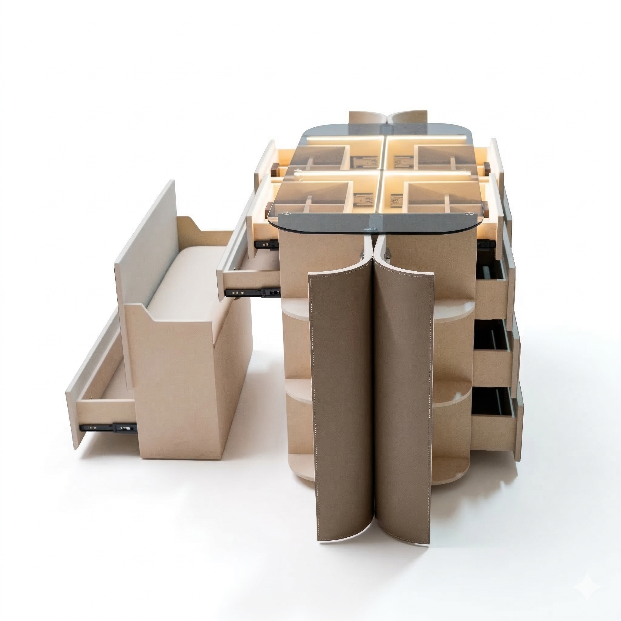 Valmont center island dresser with matching bench by BEACON, featuring a modern cabinet design and ample storage space.