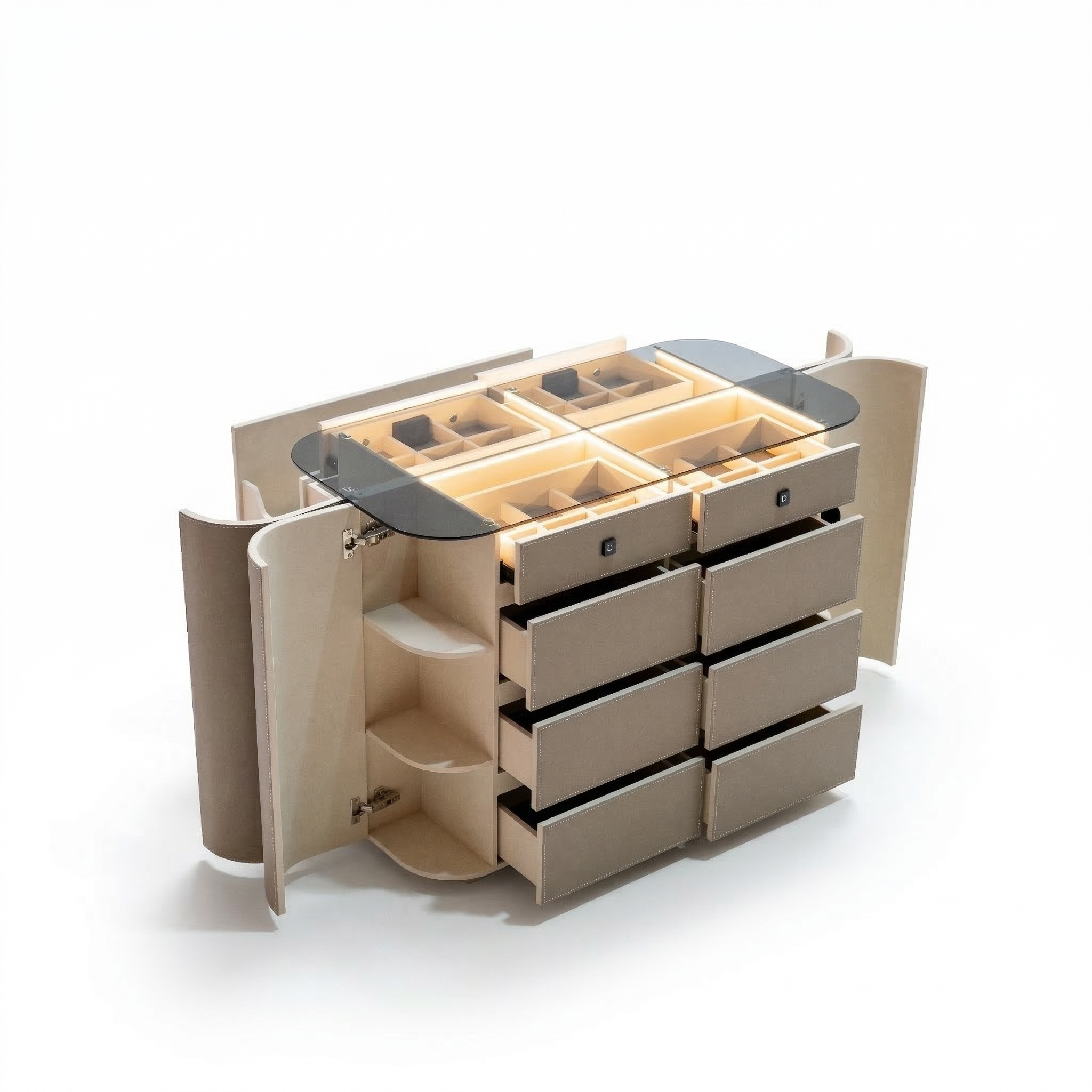 Valmont center island dresser with matching bench, beige cabinets with sleek handles, modern kitchen or island setup