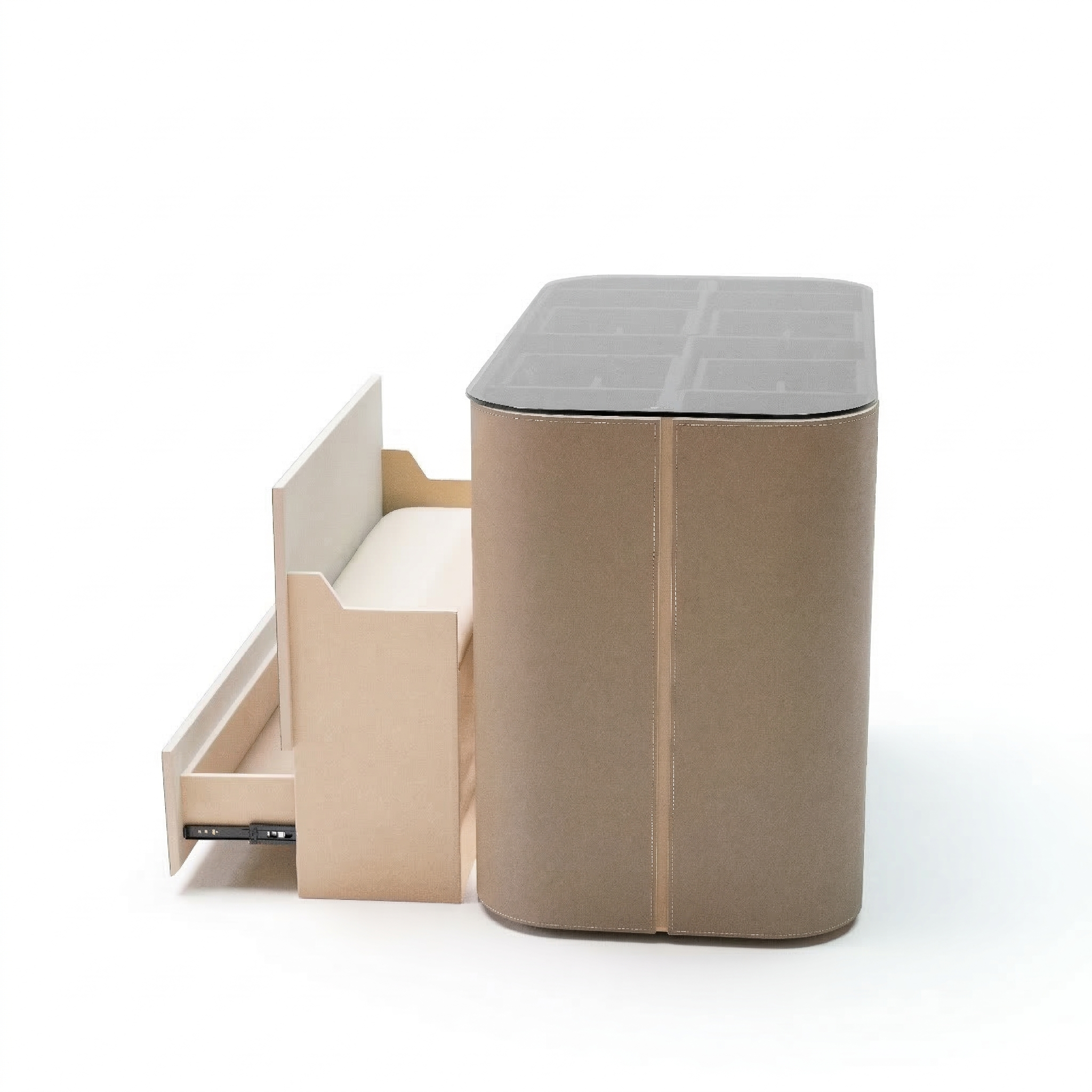 Valmont center island dresser with bench, beige cabinets with wooden accents, modern design, and ample storage space.