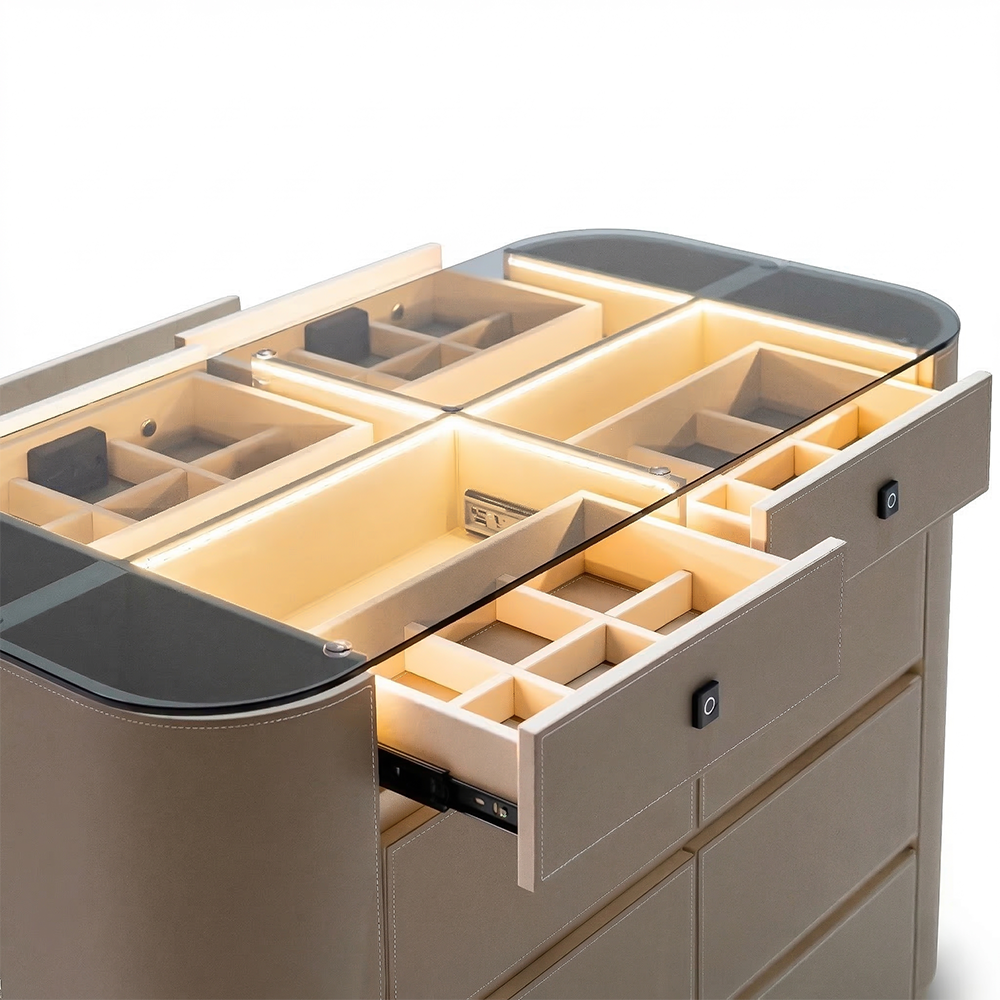 Valmont center island dresser with matching bench by BEACON, featuring a modern cabinet design and ample storage space.