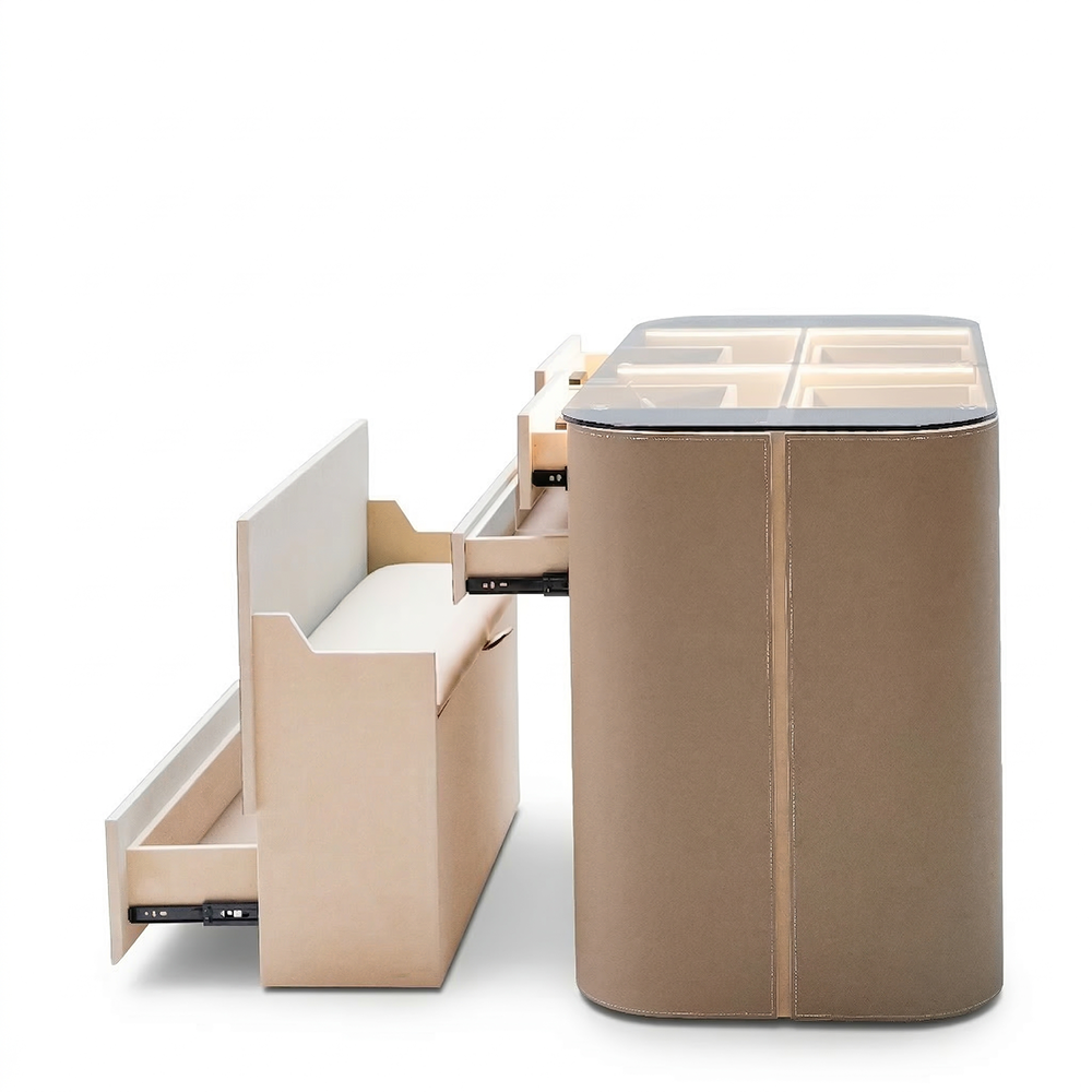 BEACON Valmont center island dresser with built-in bench, featuring modern cabinet design and sleek wood finish.