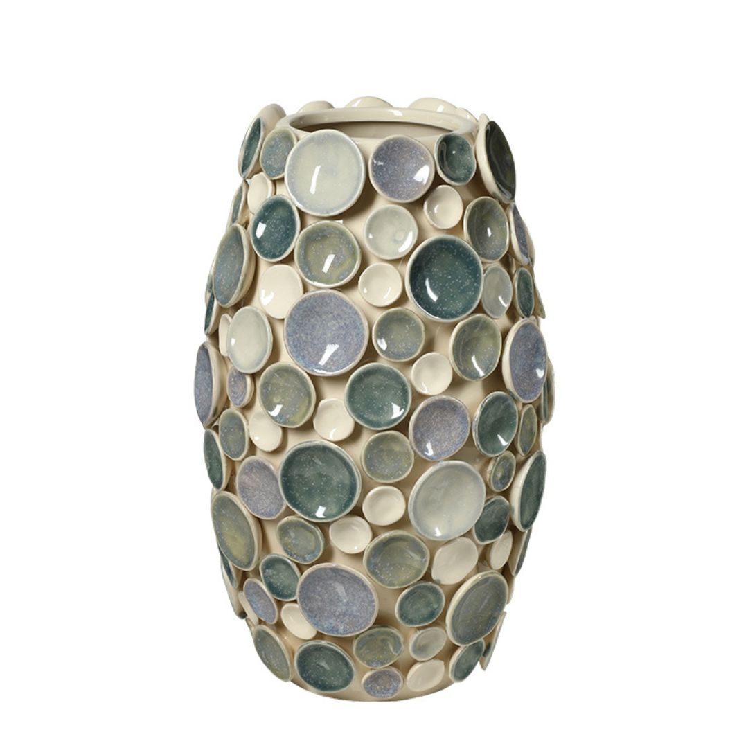 Colorful round glazed handmade ceramic vase by BEACON, with vibrant swirl patterns and smooth finish, perfect for decorative display.