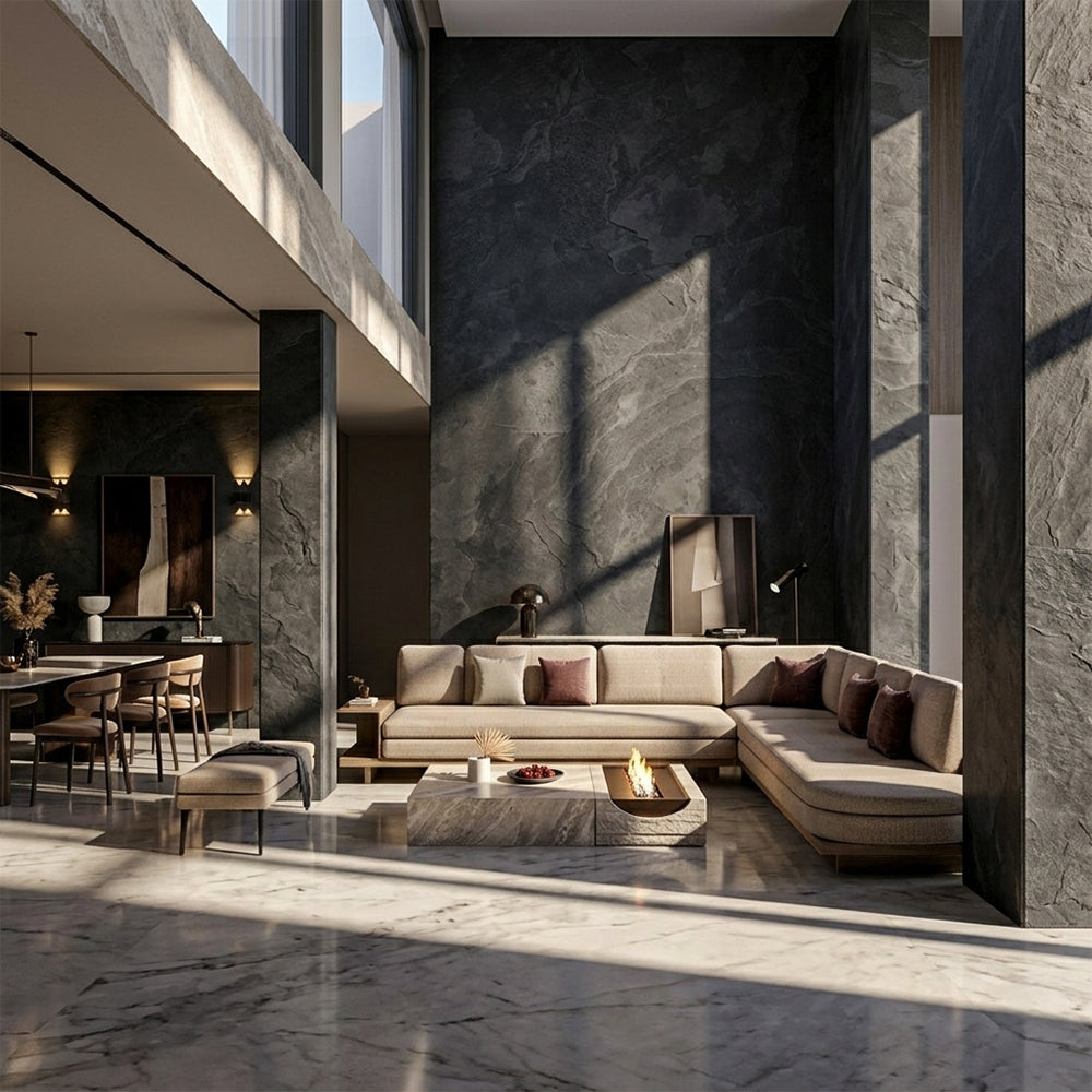 Black Conbon flexible stone veneer wall panel showcasing textured surface and slim design for interior and exterior cladding.