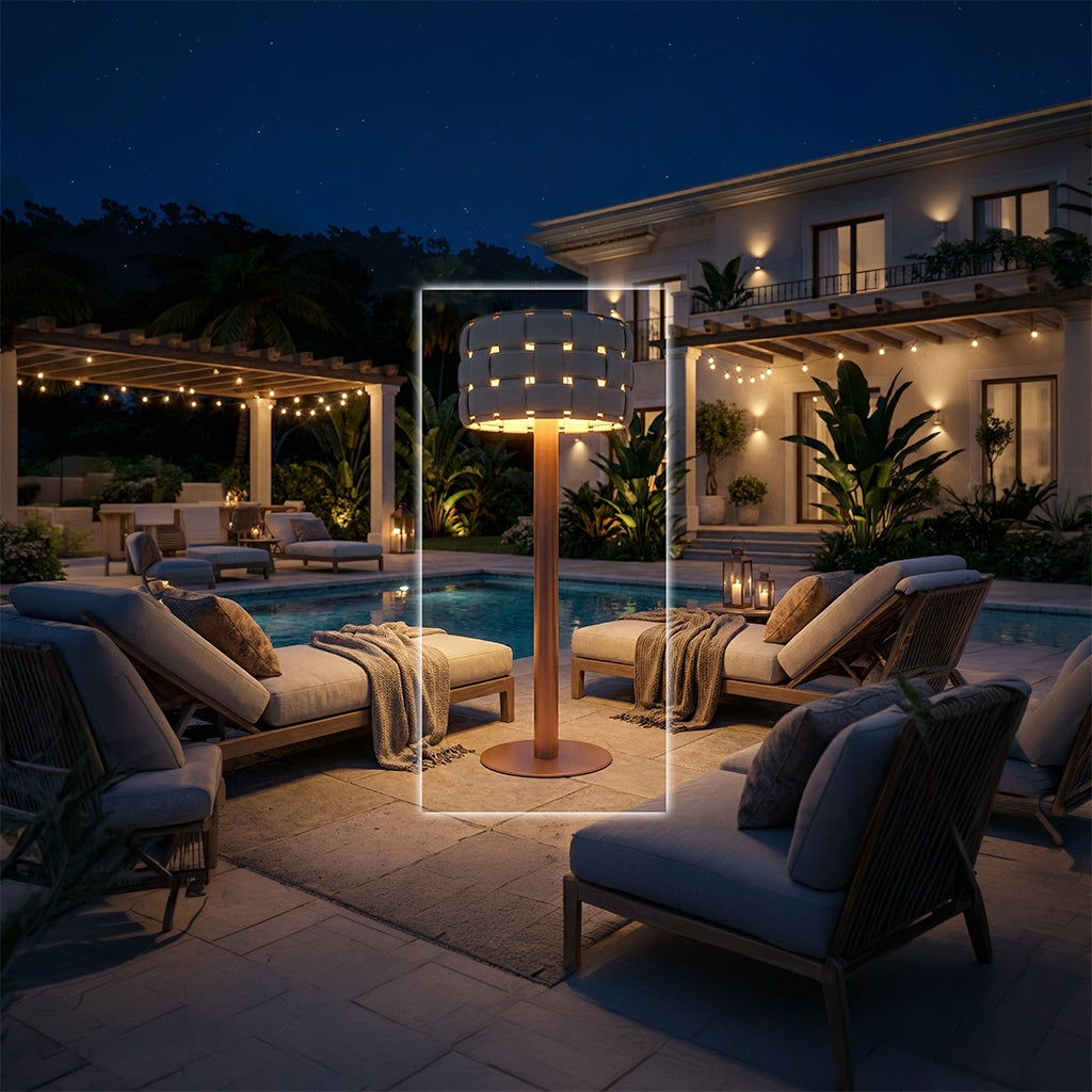 Dai outdoor floor lamp by BEACON with solar power, smart outdoor lighting, black cylindrical design, suitable for garden or patio.