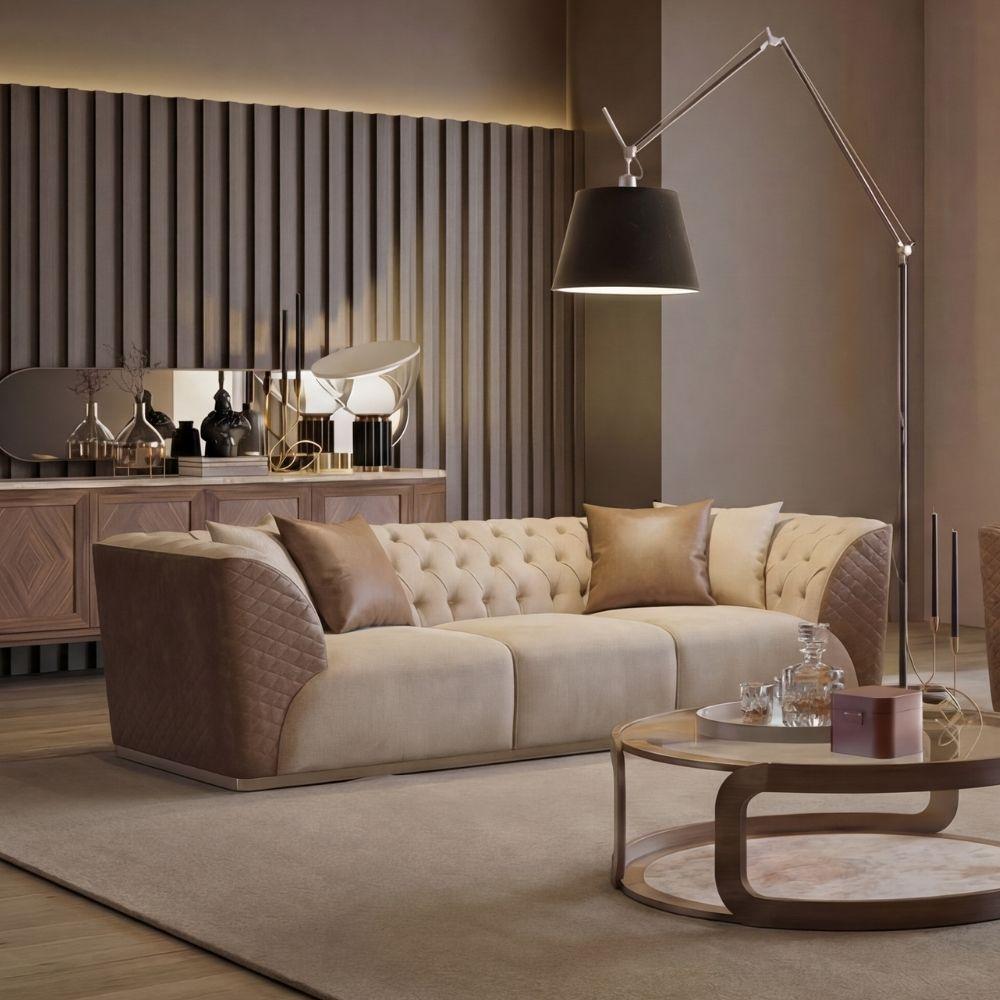 Delfina beige and brown 3-seater sofa by LODA FURNITURE with plush cushions and wooden legs, light brown upholstery.