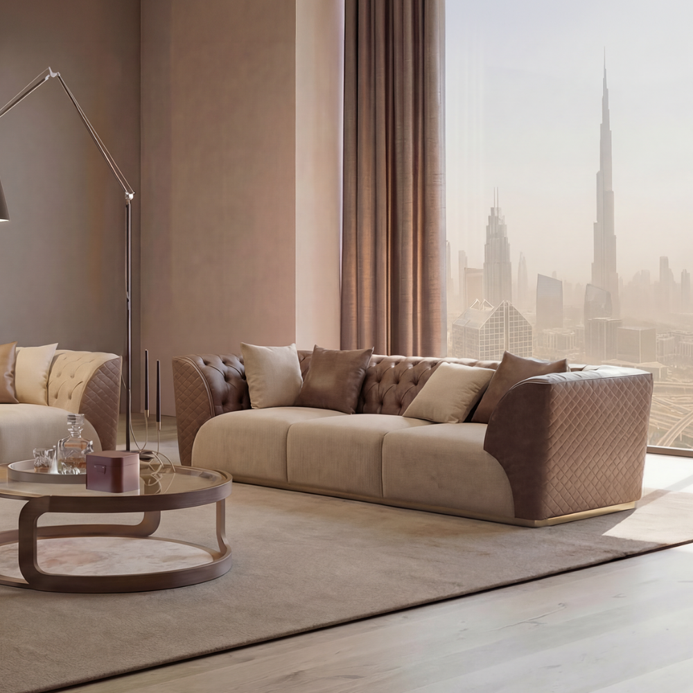 Delfina brown and beige 3-seater sofa by LODA FURNITURE with dark brown upholstery and plush cushions.