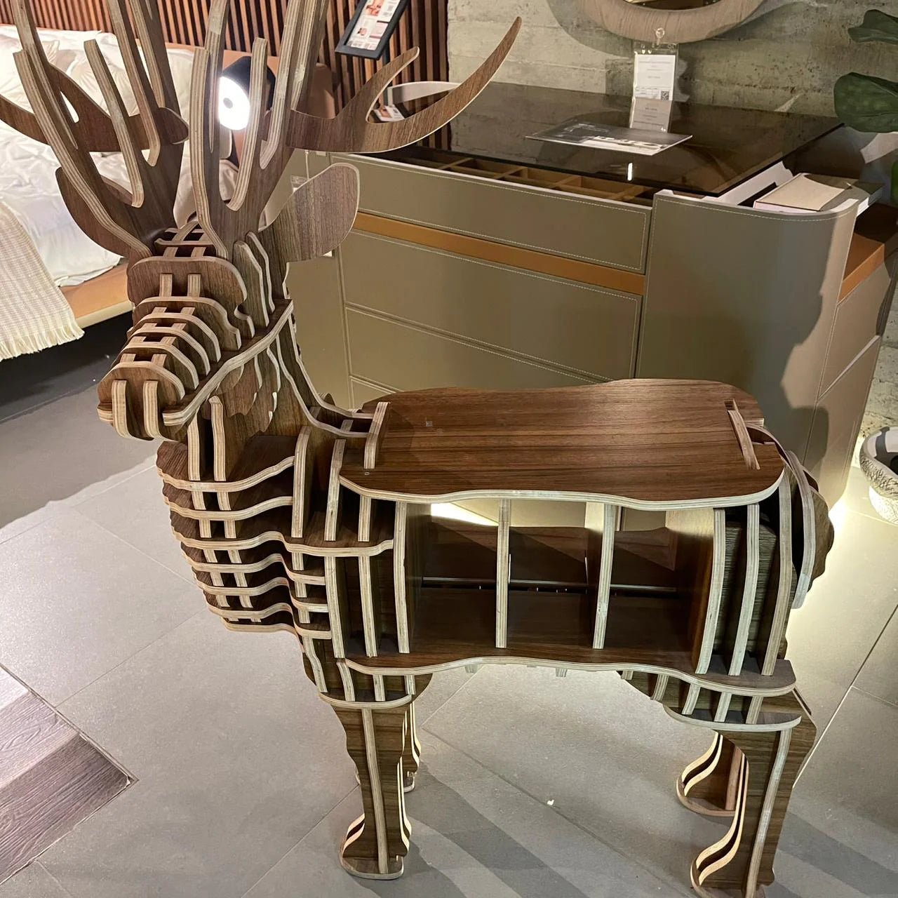 Decorative wooden deer shelf by BEACON, art home decor display item with rustic wood crafts for wall decoration.