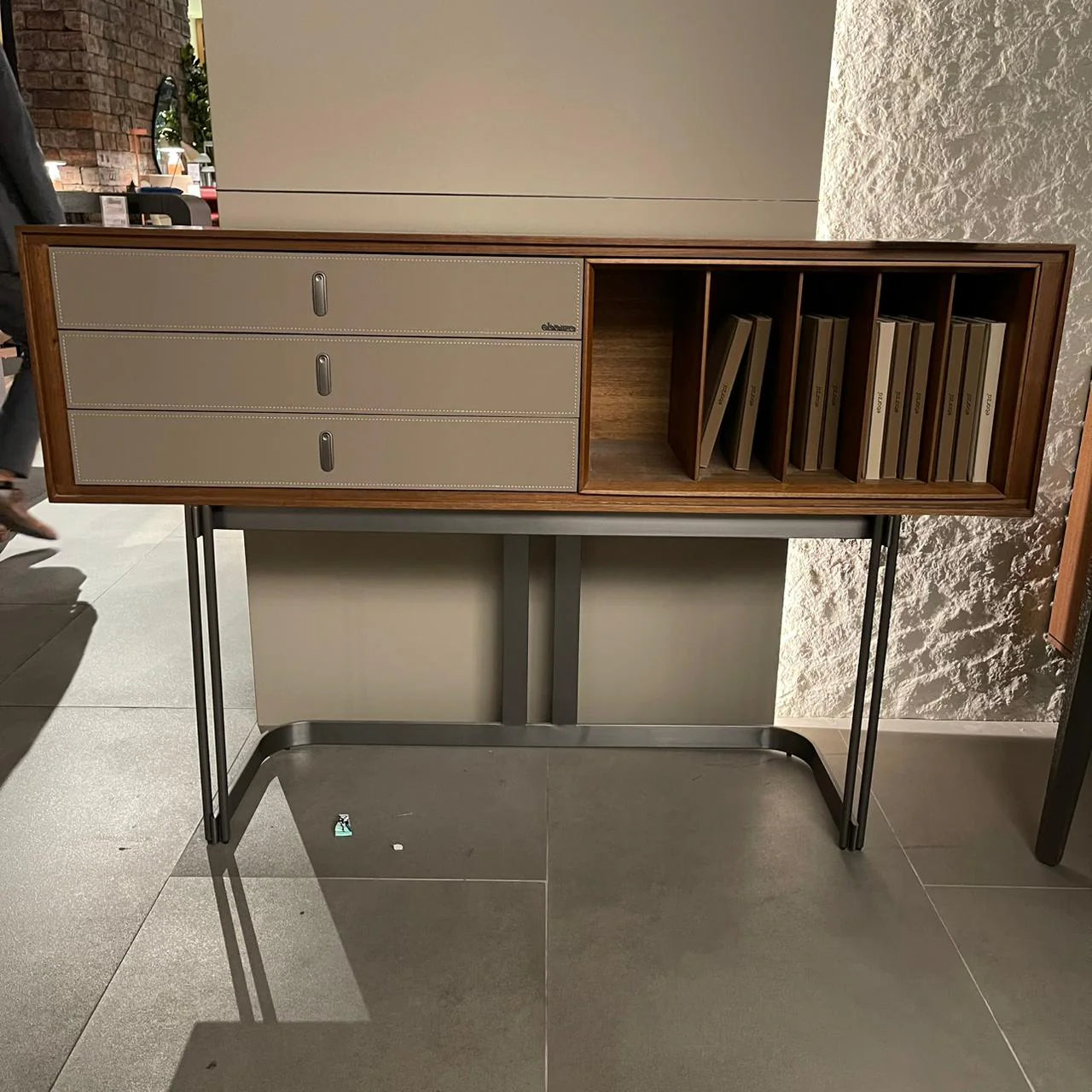 Display image of Beacon saddle leather sideboard bureau, showcasing its elegant wooden design and saddle leather accents.