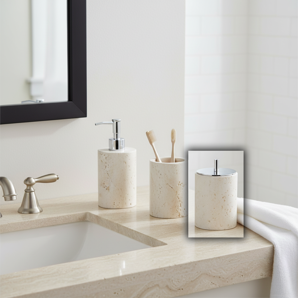 Cave Stone Circular Cotton Swab Jar CBJ833-6B - Bathroom Accessories - ebarza Furniture UAE | Shop Modern Furniture in Abu Dhabi & Dubai - مفروشات ايبازرا في الامارات | تسوق اثاث عصري وديكورات مميزة في دبي وابوظبي