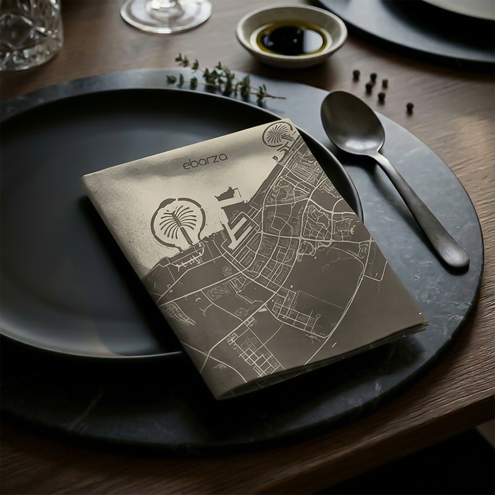 Dubai map printed paper napkin by DNFDG-22353, featuring detailed Dubai city map design on white paper napkin.