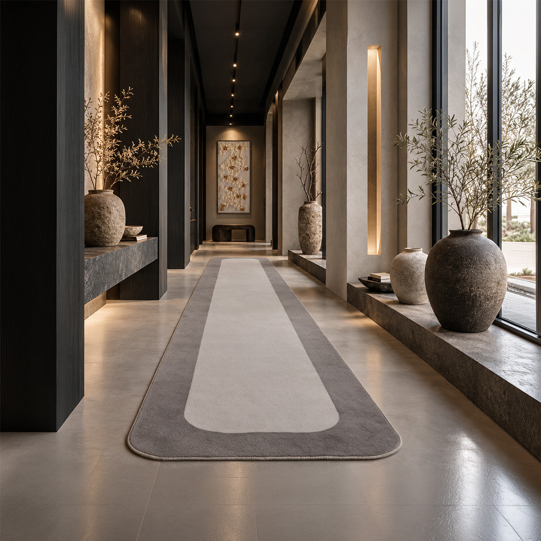 Handmade rectangular rug with rounded corners in beige and brown tones, 350x100 cm, by COOL HALI, Frame-S05 series.