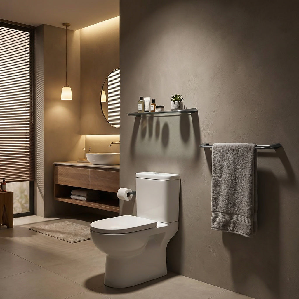Velo Float glass shelf in gunmetal finish with towel hanger hooks, sleek modern design for bathroom or living space.