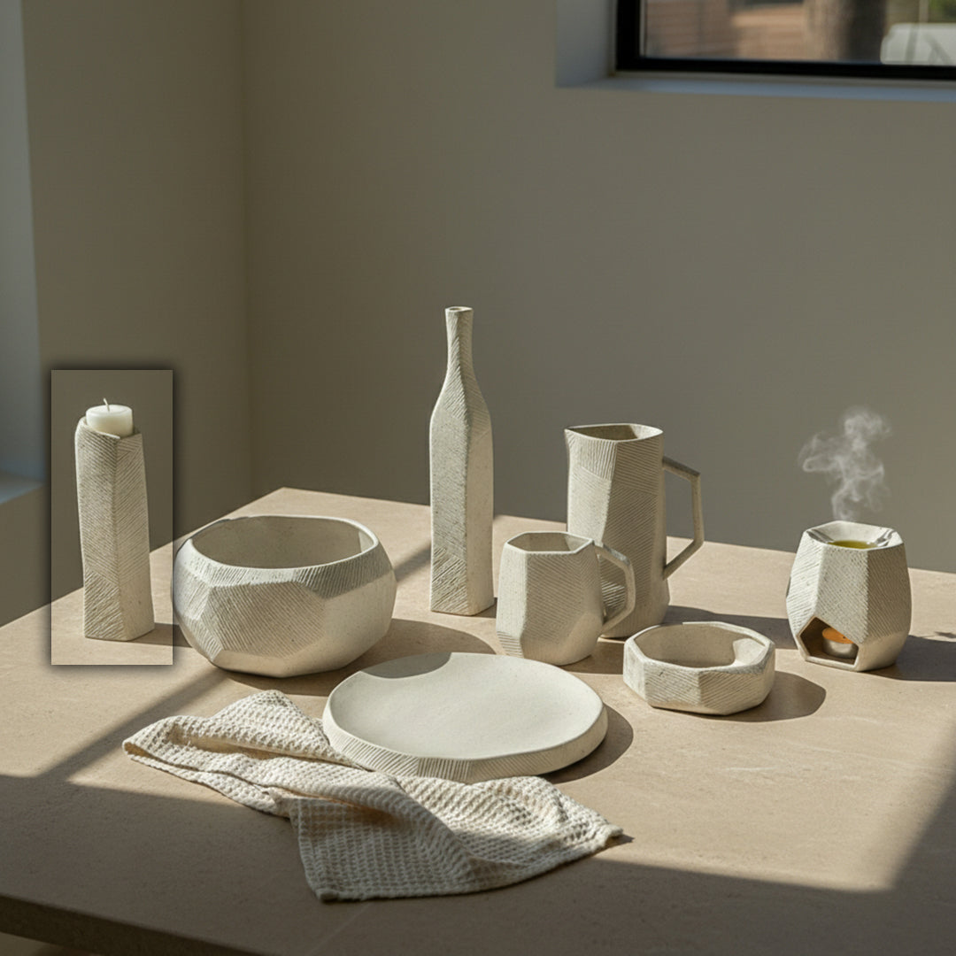 Small off-white hessian chiseled candle and tealight holder by Mingxiang Ceramics, decorative ceramic candle holder.