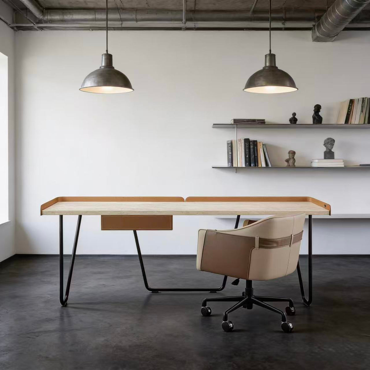 White travertine office desk with drawer, 200cm BEACON T533-1, modern design, smooth surface, suitable for workspace setup.