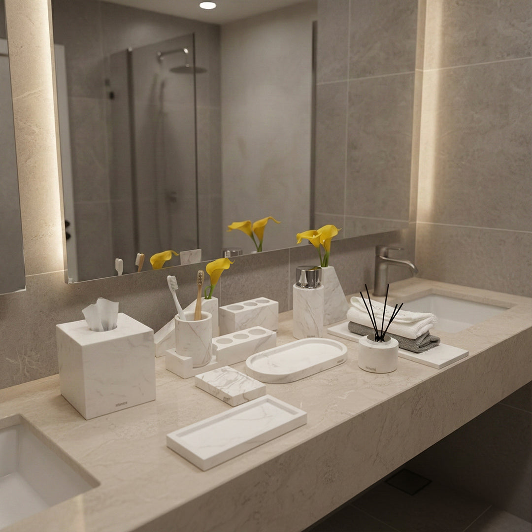 11 Pieces Jazz White Marble Ebarza Bathroom Set -JWE - Bathroom Accessories - ebarza Furniture UAE | Shop Modern Furniture in Abu Dhabi & Dubai - مفروشات ايبازرا في الامارات | تسوق اثاث عصري وديكورات مميزة في دبي وابوظبي