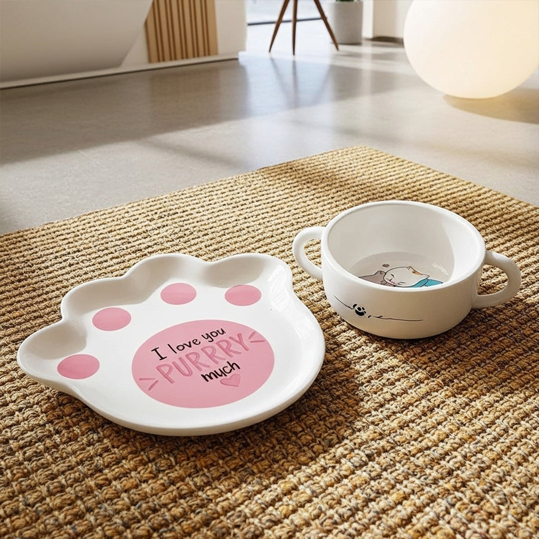 Karaca cat plate and bowl food set with matching ceramic dishes for pets, featuring a decorative design and durable finish.