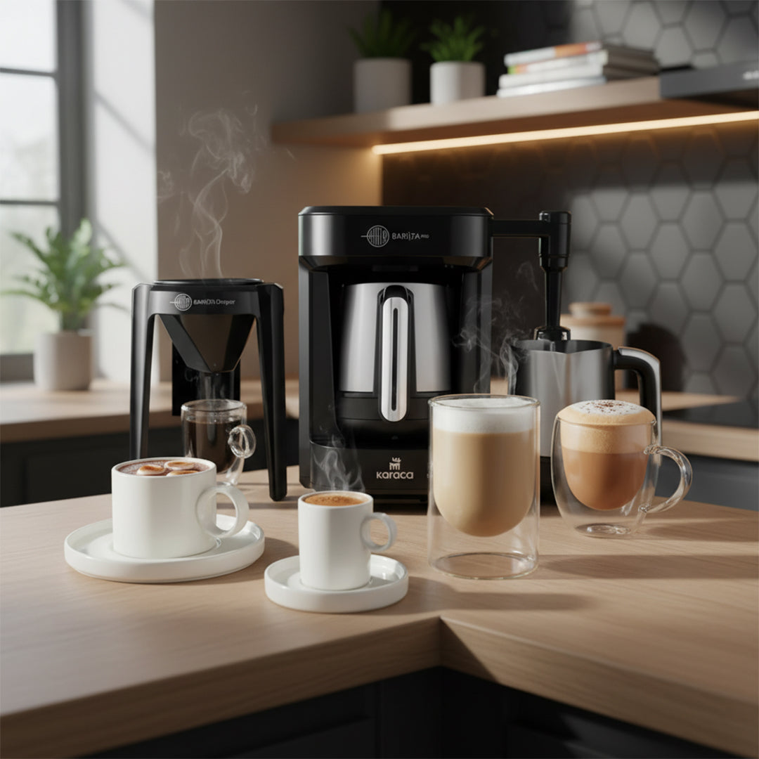 Karaca Hatır Barista Pro rose gold coffee machine for cappuccino and Turkish coffee, with digital display and sleek kitchen design.