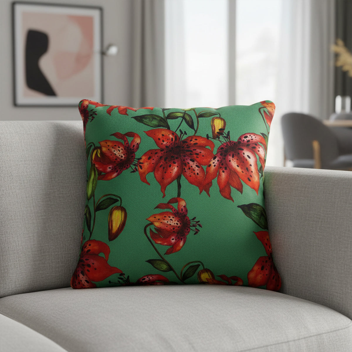 Green floral decorative cushion from Karaca Home, 45x45cm, featuring vibrant floral patterns on soft fabric.