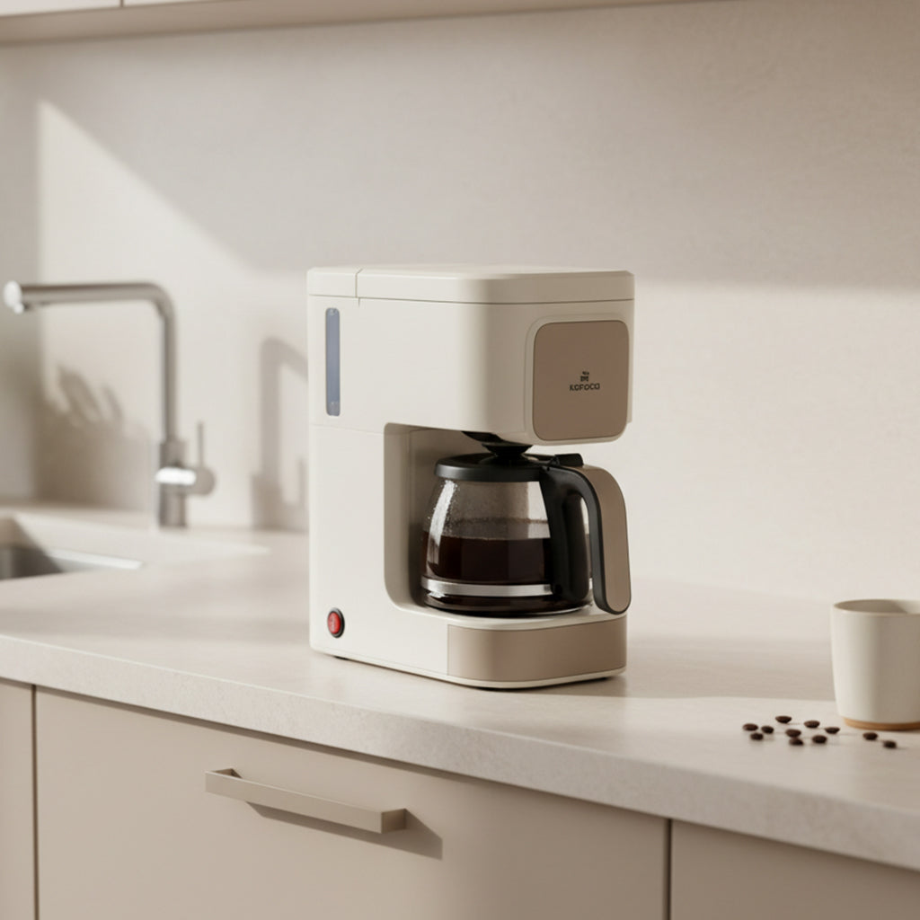 Karaca Just Coffee Aroma 2-in-1 filter coffee and tea brewing machine with latte function, compact kitchen appliance in black and silver.