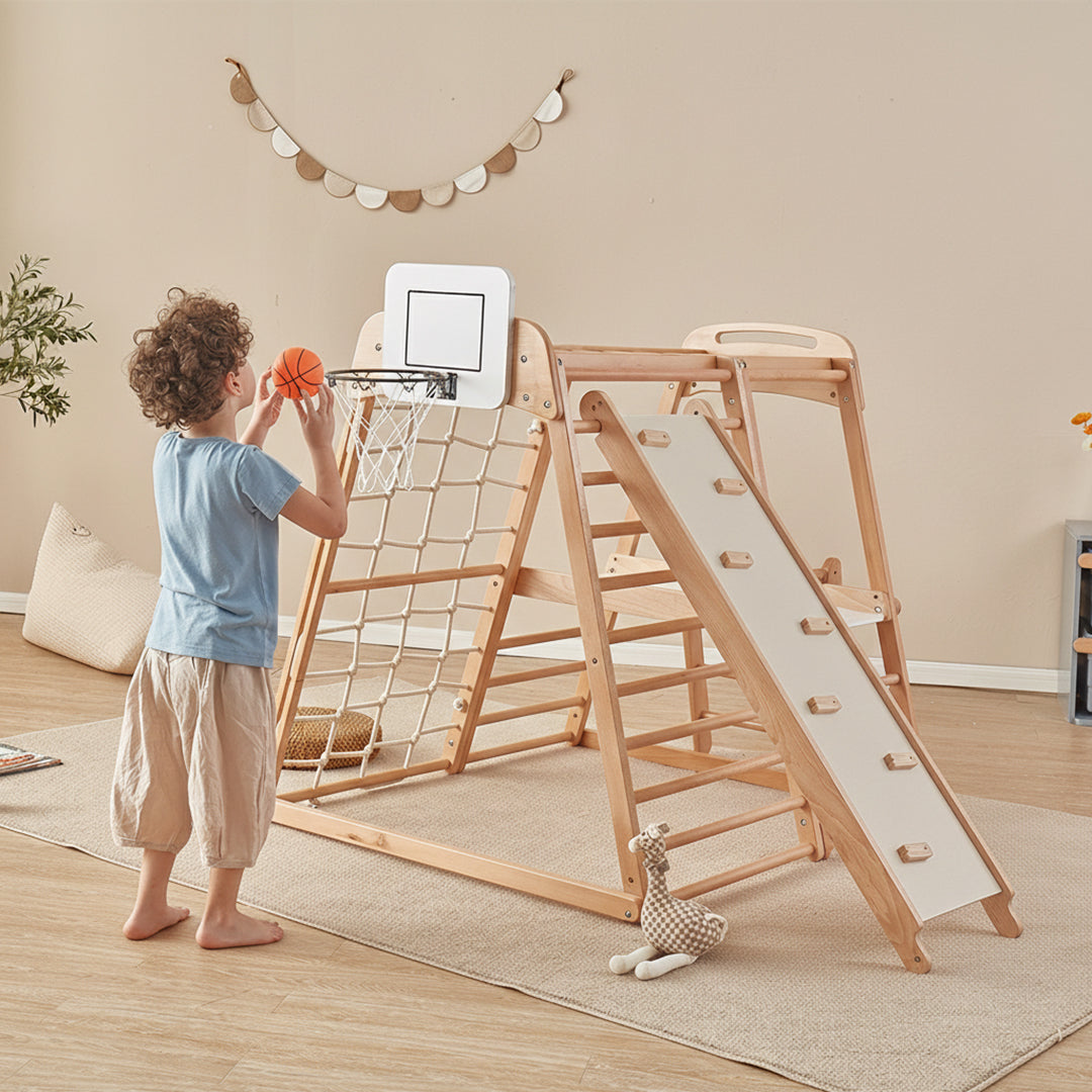 Kids Thetis Activity Mini Gym by BOORI featuring colorful soft play mats, hanging toys, and interactive activity elements for children.