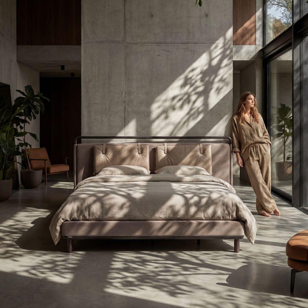 Ecole Living LİYA bedstead in a modern bedroom setting, showcasing its sleek design and wooden finish.