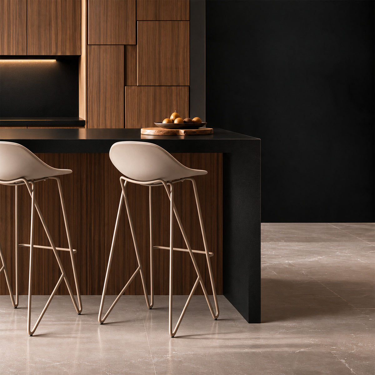 Light brown RUDI bar stool PC-149B with wooden legs and cushioned seat, ideal for kitchen or bar area.