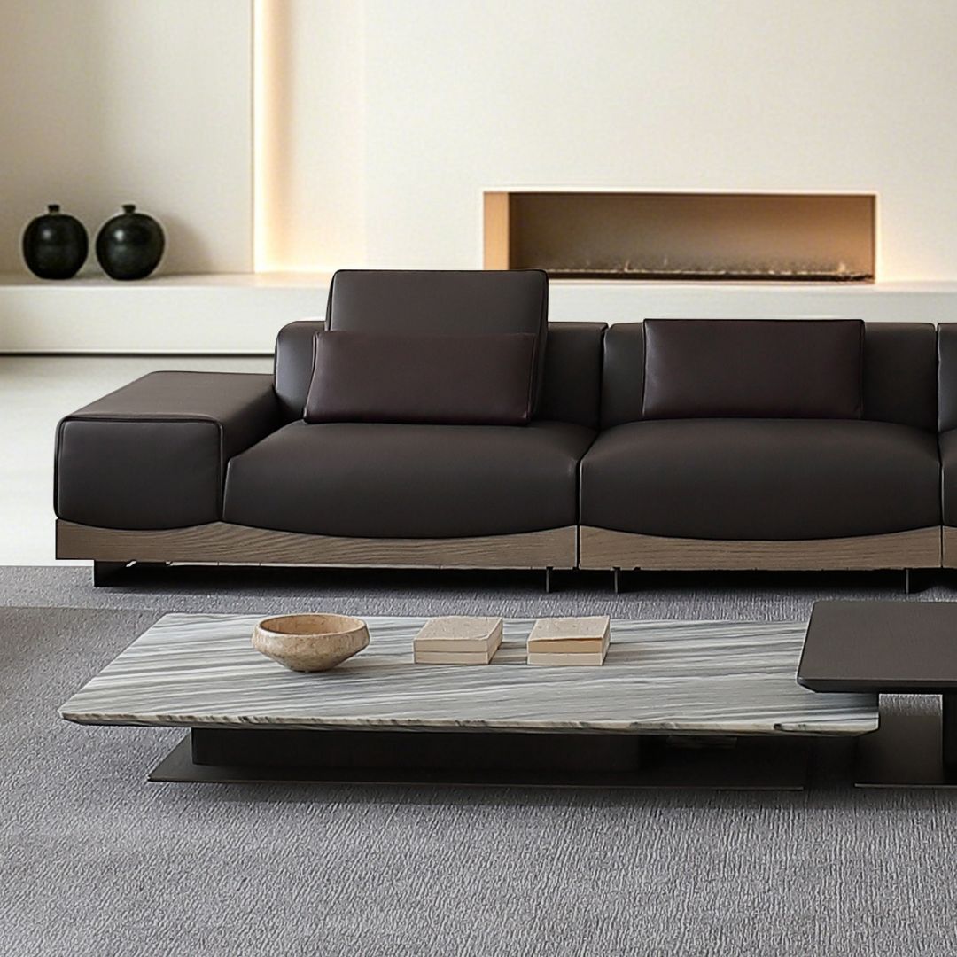 Beige Manoor marble coffee table by BEACON with sleek side table design, featuring a polished marble surface and modern style.