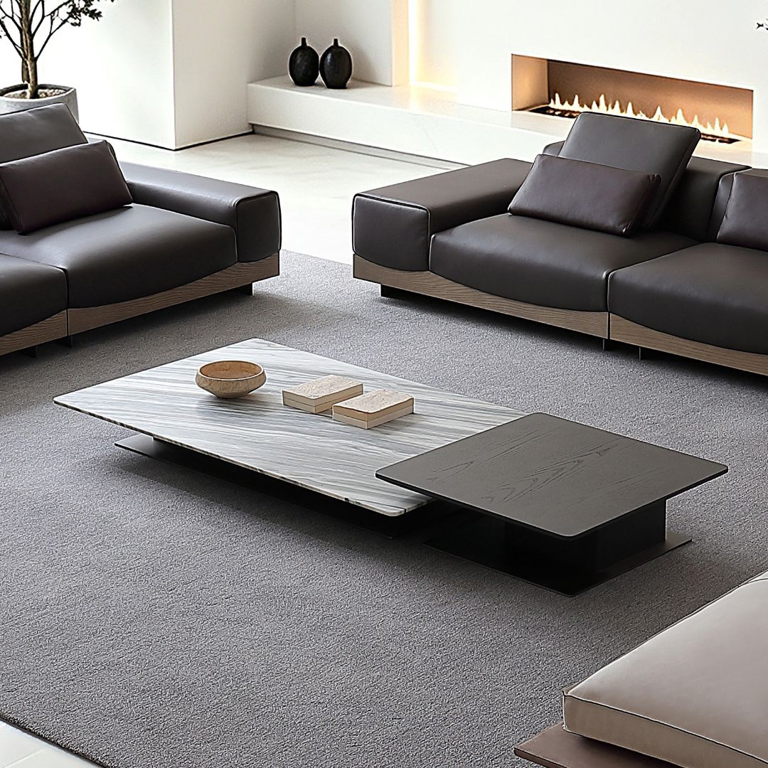Beige Manoor marble coffee table by Beacon, modern side table with sleek marble surface and minimalist design.