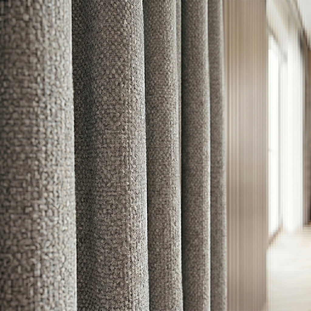 Beige mono polyester curtain fabric from BEACON with a smooth, lightweight texture for curtains and drapes.