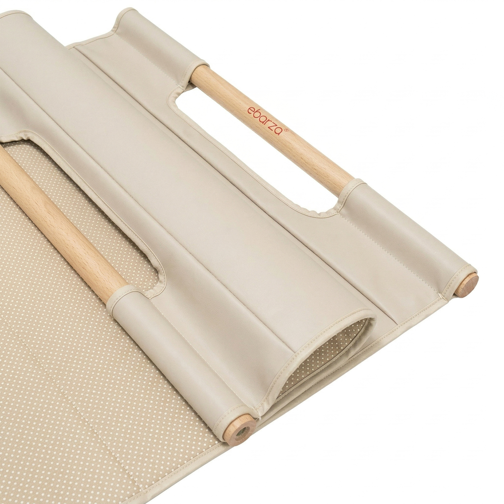 Nara leather yoga mat with beech wood handle, gym equipment by BEACON, designed for comfortable yoga practice and easy carrying.