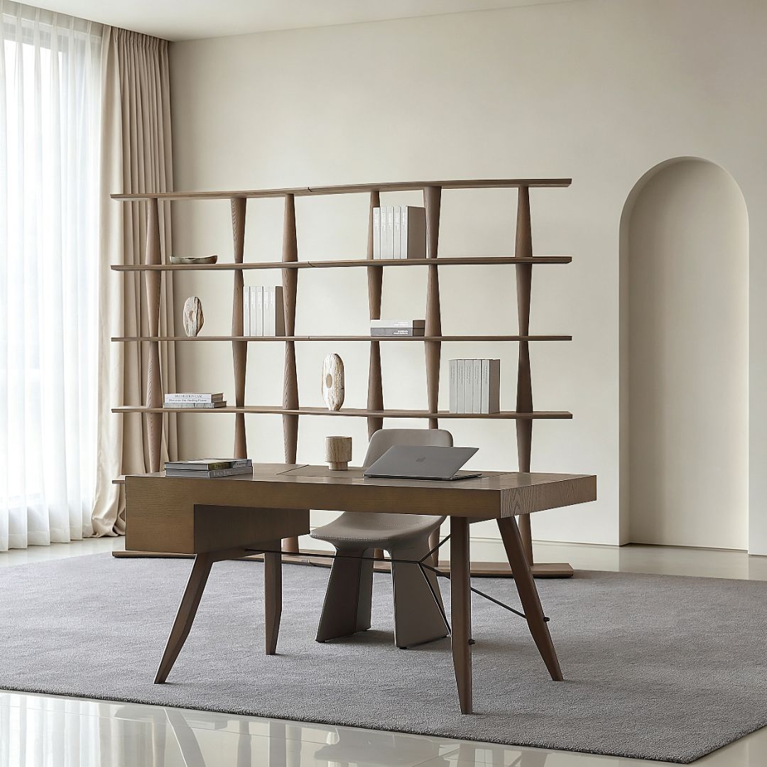 Nexus ash wood shelf in sand yellow color with natural grain details, designed by BEACON for stylish storage and display.