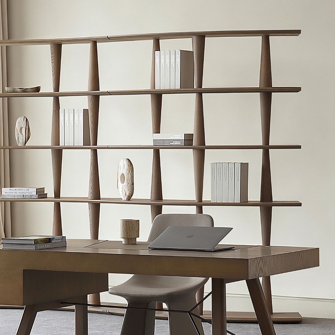 Ash wood Nexus shelf in sand yellow by BEACON, showcasing its sleek design and natural finish for modern interior storage.
