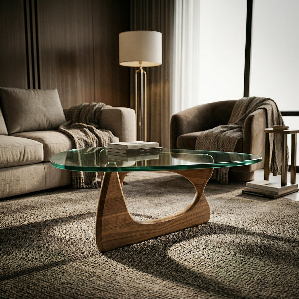 Light walnut Noguchi solid wood coffee table with glass top, modern design, by BEACON.