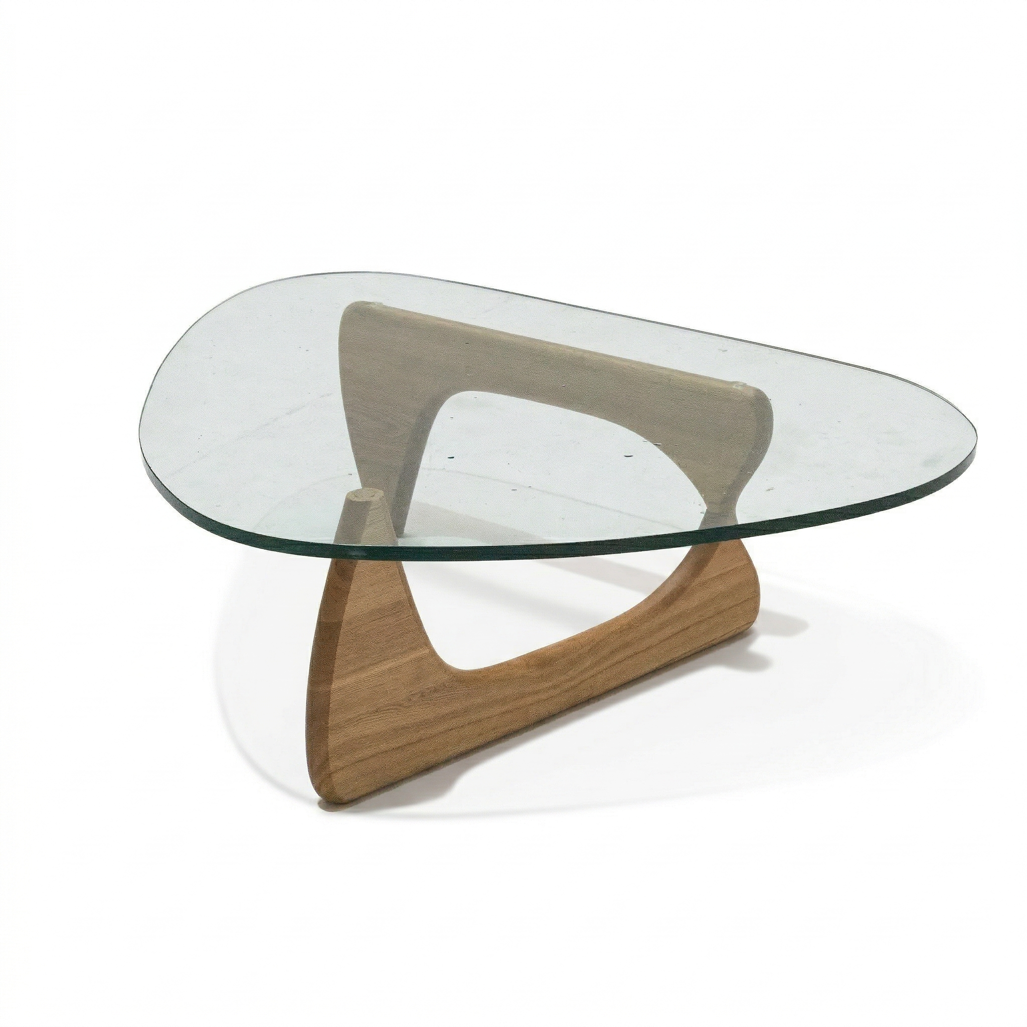 Light walnut Noguchi solid wood coffee table with glass top, modern design, and sleek, rounded edges.